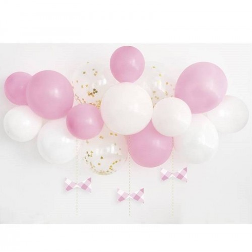 Arco de globos rosa, blanco y confeti