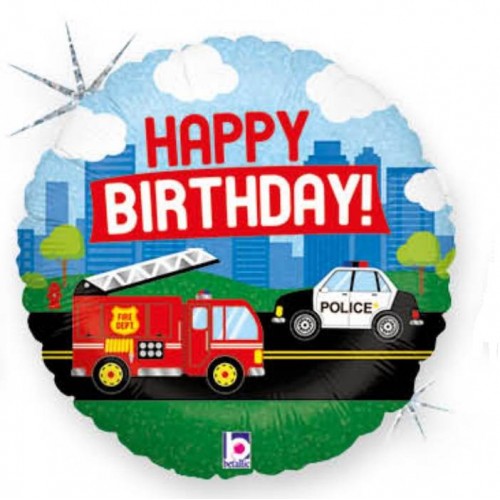 Globo "Happy Birthday" coches policía y bombero