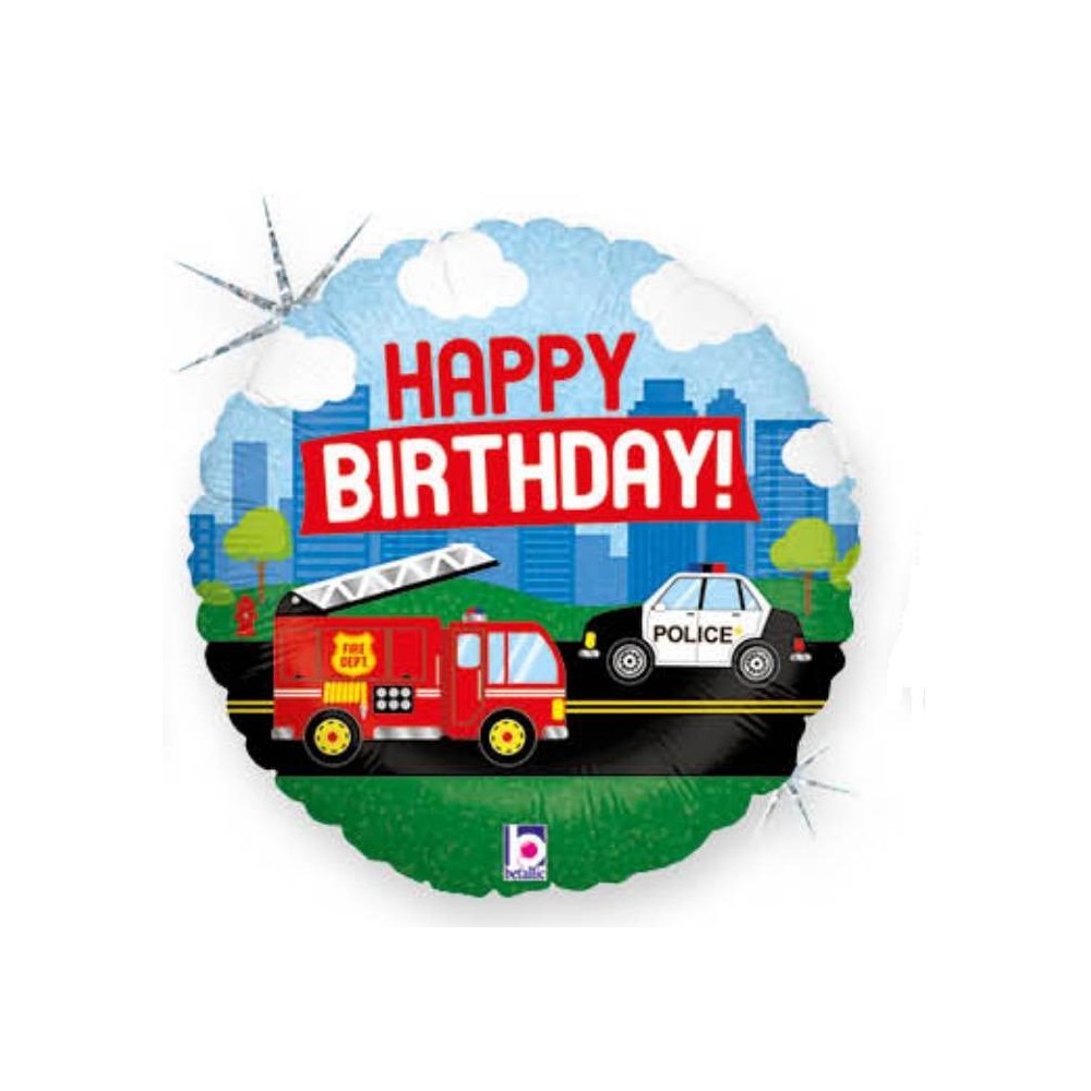 Globo "Happy Birthday" coches policía y bombero