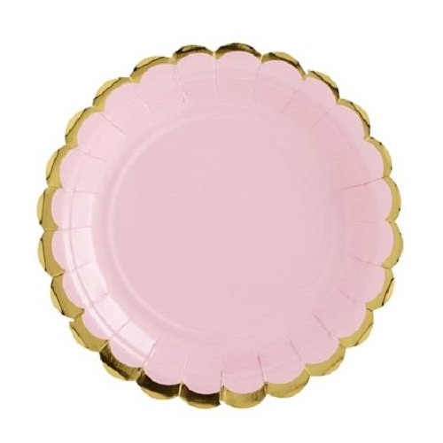 Pratos rosa pastel com borda ouro 18 cm (6 uds)