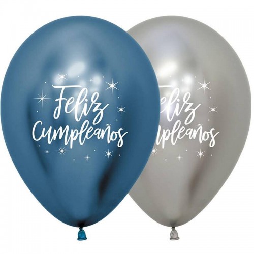 Globos "Feliz Cumpleaños" reflex azul y plata (12 uds)