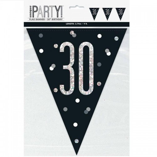 Banderines de cumpleaños número "30" en negro y plata glitz (1 ud)