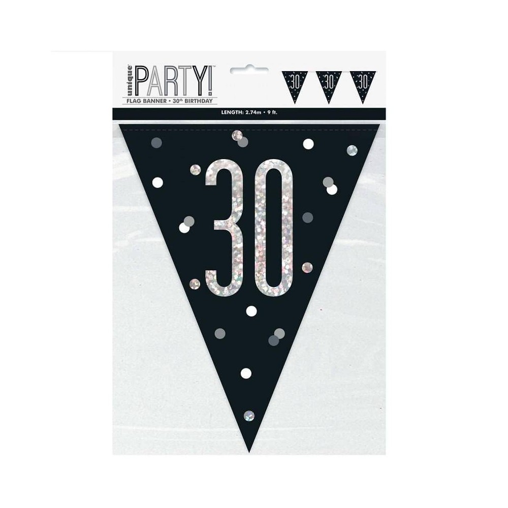 Bandeirolas "30" anos em preto e prata brilhante (1 ud)