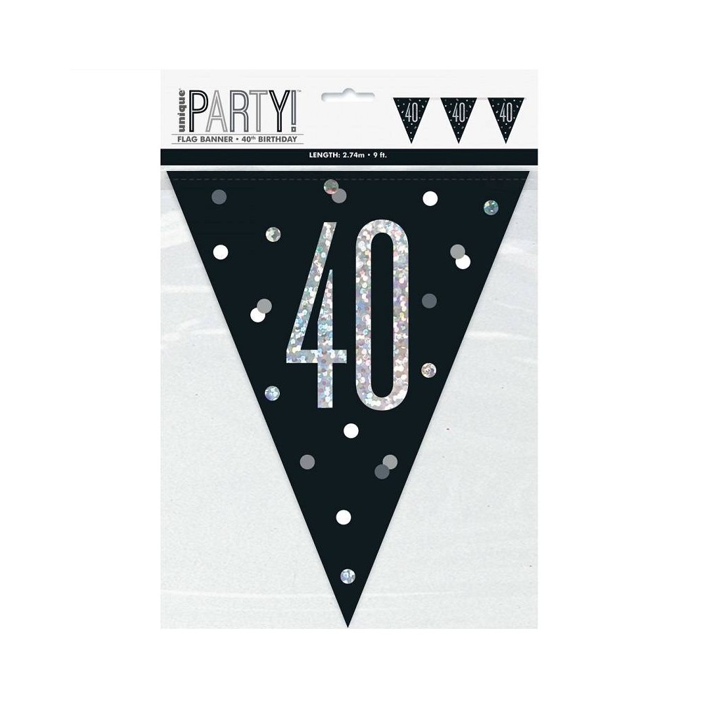 Bandeirolas "40" anos em preto e prata brilhante (1 ud)