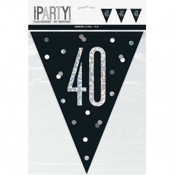 Banderines de cumpleaños número "40" en negro y plata glitz (1 ud)