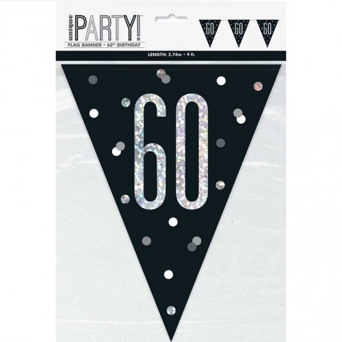 Banderines de cumpleaños número "60" en negro y plata glitz (1 ud)