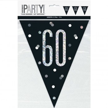 Banderines de cumpleaños número "60" en negro y plata glitz (1 ud)