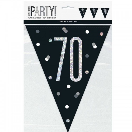 Banderines de cumpleaños número "70" en negro y plata glitz (1 ud)