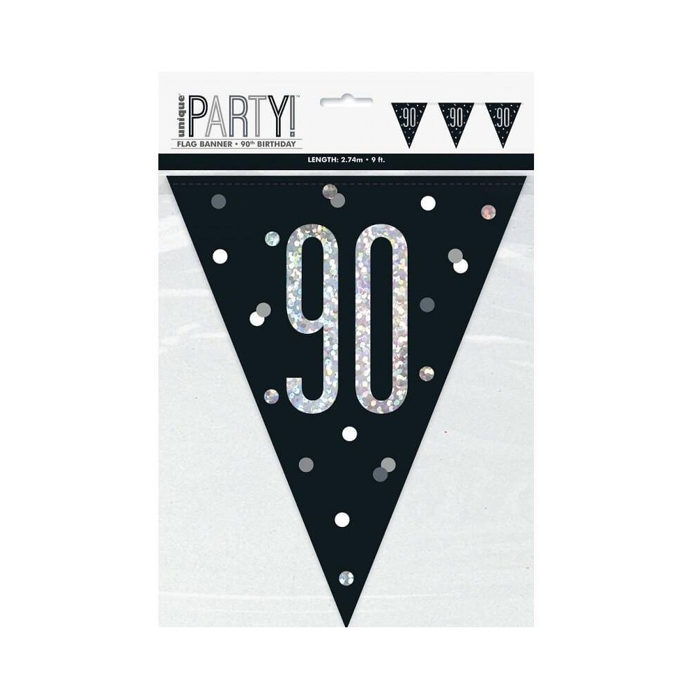 Banderines de cumpleaños número "90" en negro y plata glitz (1 ud)