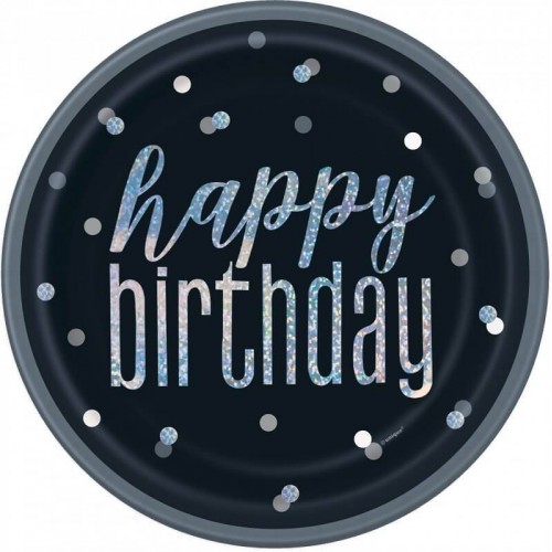 Pratos "Happy Birthday" preto e prata glitz (8 uds)