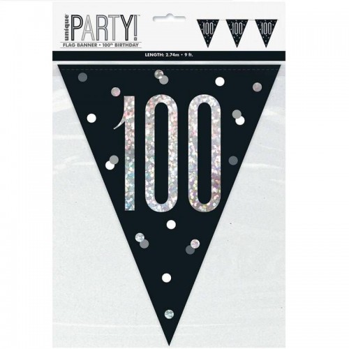 Banderines de cumpleaños número "100" en negro y plata glitz (1 ud)