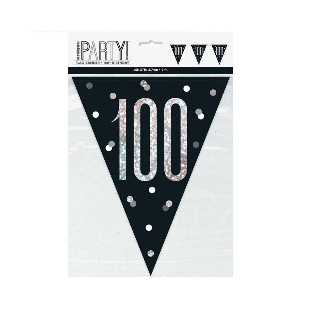 Bandeirolas "100 anos em preto e prata brilhante (1 ud)