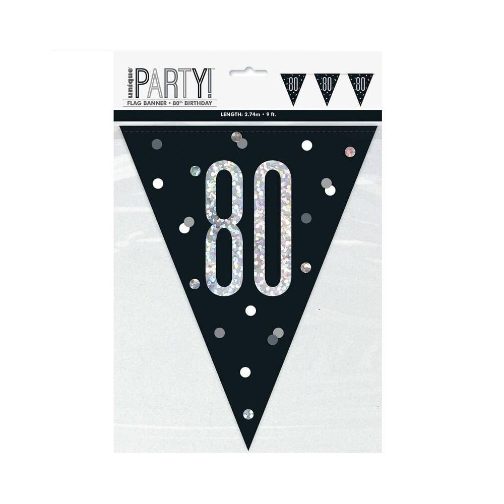 Bandeirolas "80" anos em preto e prata brilhante (1 ud)