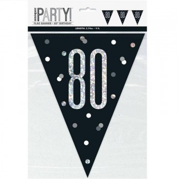 Banderines de cumpleaños número "80" en negro y plata glitz (1 ud)
