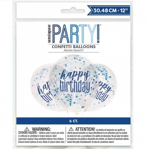 Balões Confetti Azul Escuro "Happy Birthday" (6 uds)