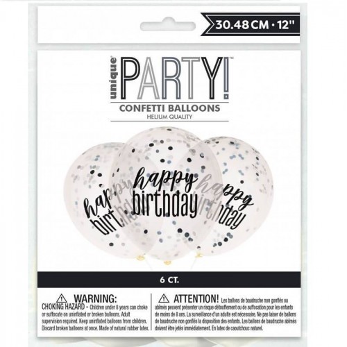 Balões confeti prata e preto "Happy Birthday" (6 uds)