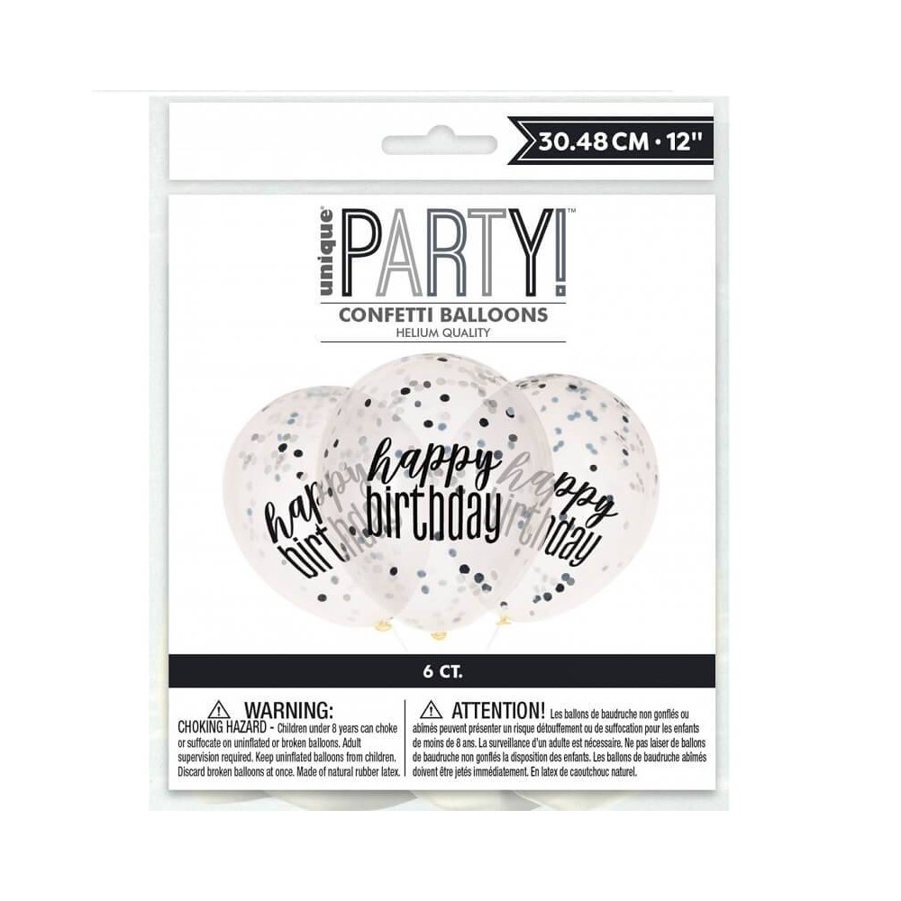 Globos confeti plata y negro "Happy Birthday" (6 uds)