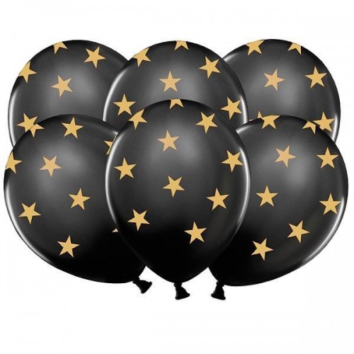 Balões Pretos com Estrelas Ouro (6 uds)