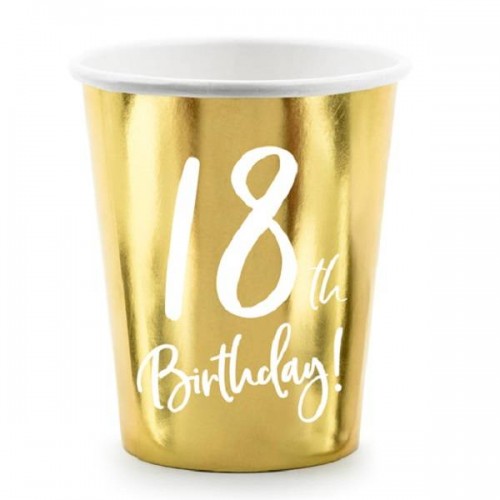 Vasos oro metalizado y texto "18th Birthday" (6 uds)