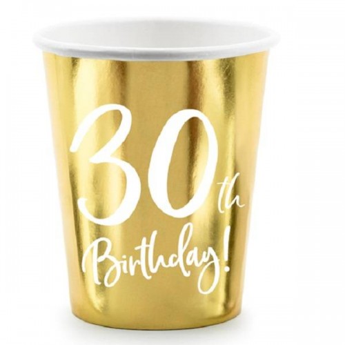 Vasos oro metalizado y texto "30th Birthday" (6 uds)