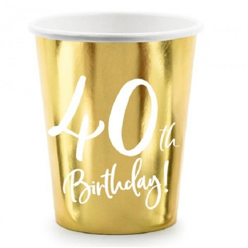 Vasos oro metalizado y texto "40th Birthday" (6 uds)
