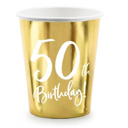 Copos ouro e texto "50th Birthday (6 uds)