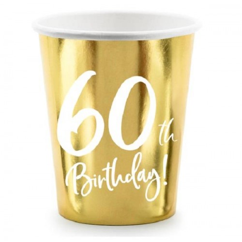 Copos ouro e texto "60th Birthday (6 uds)