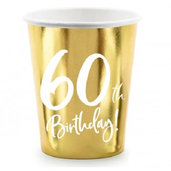 Vasos oro metalizado y texto "60th Birthday" (6 uds)