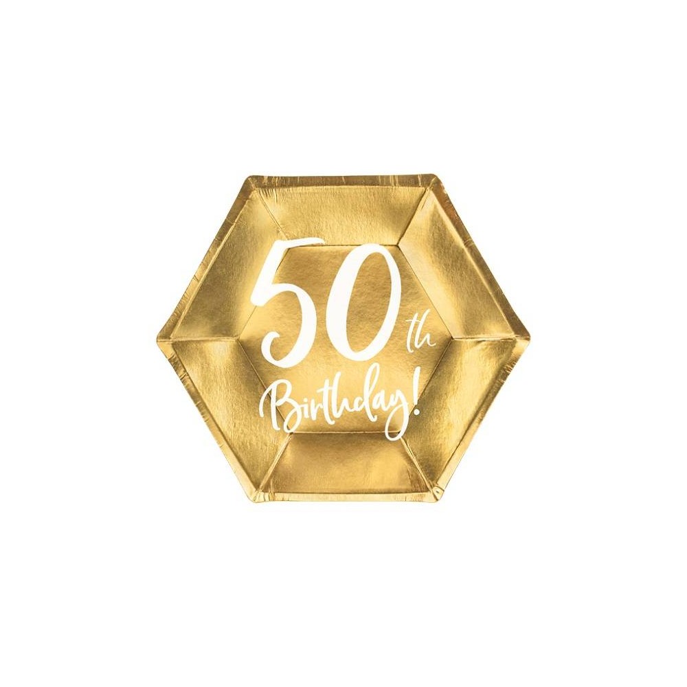 Platos oro metalizado y texto "50th Birthday" (6 uds)