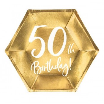 Platos oro metalizado y texto "50th Birthday" (6 uds)