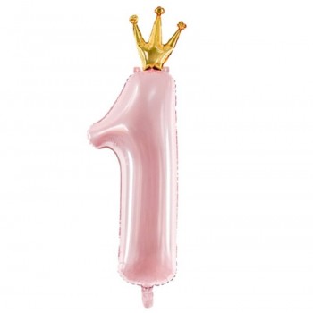 Balão nº "1" rosa claro con corona  (1 ud)
