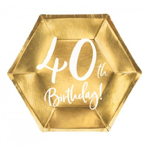 Platos oro metalizado y texto "40th Birthday" (6 uds)