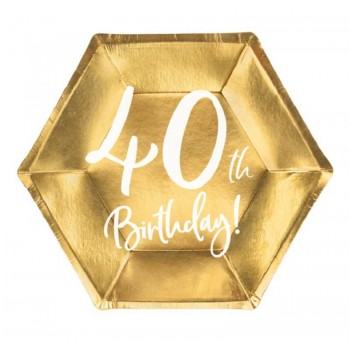 Platos oro metalizado y texto "40th Birthday" (6 uds)